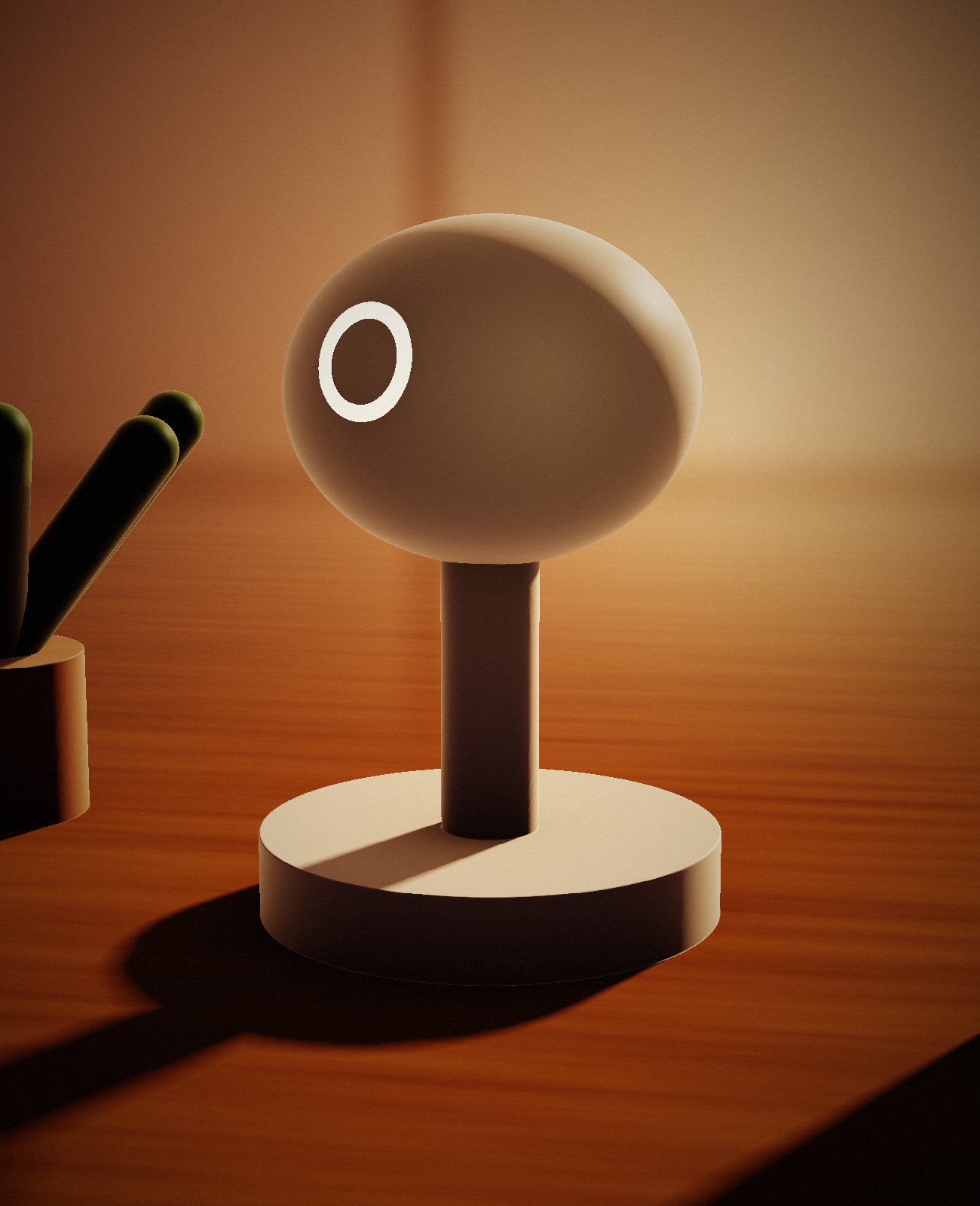 A companion robot on a side table at sunset