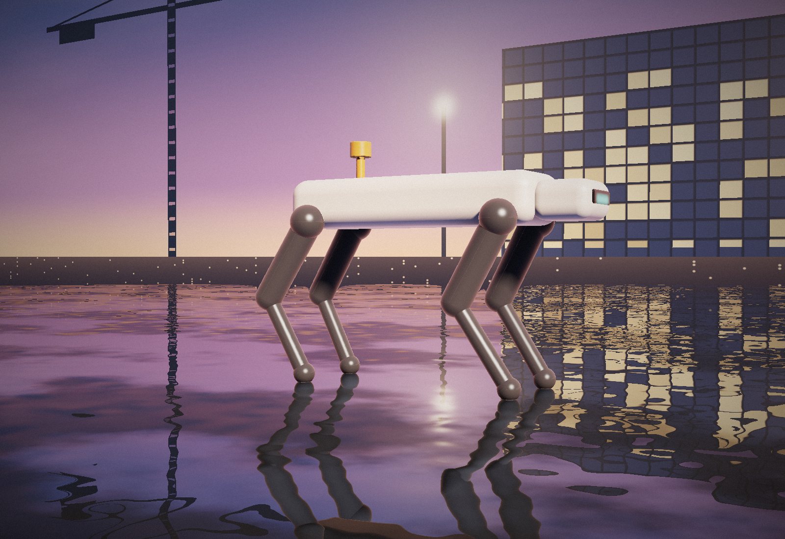 A four-legged robot on a wet building site at dusk