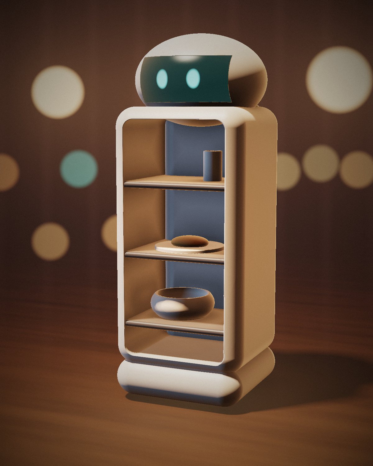 A tray-carrying robot in a restaurant at night