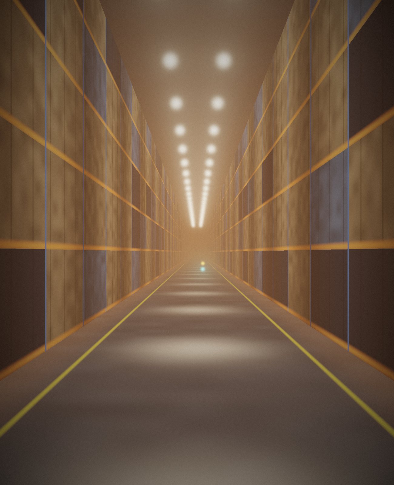 A warehouse aisle under rows of lamps, a robot's light far down it